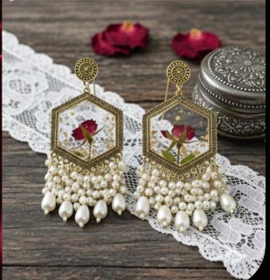 Vintage Rose Pearl Hexagon Earrings