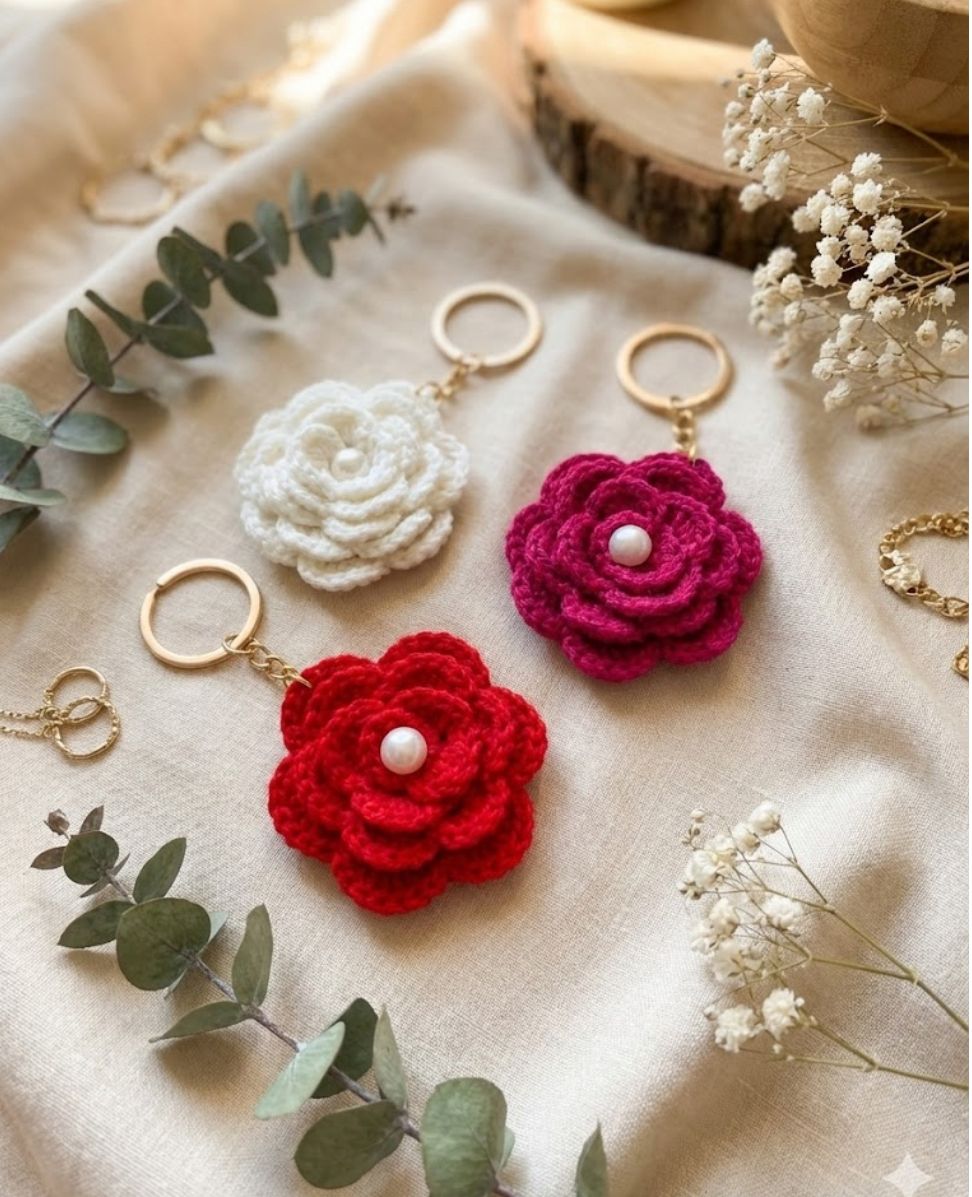 Handmade Crochet Flower Keychain – Elegant Pearl Center Charm