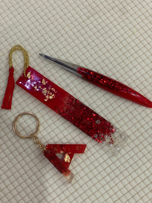 Luxury Red Glitter Resin Stationery Gift Set – Handmade Pen, Bookmark & Geometric Keychain